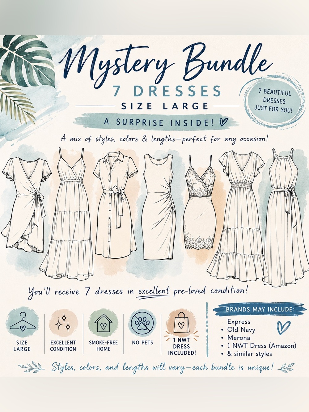 Mystery Bundle of 7 Women's Dresses - Size Large - Mixed Colors